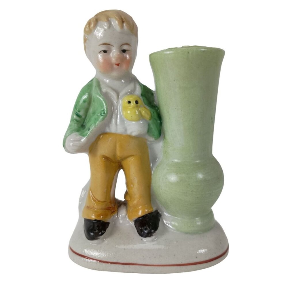 Boy W/Yellow Bird And Vase Figurine Japan Vintage